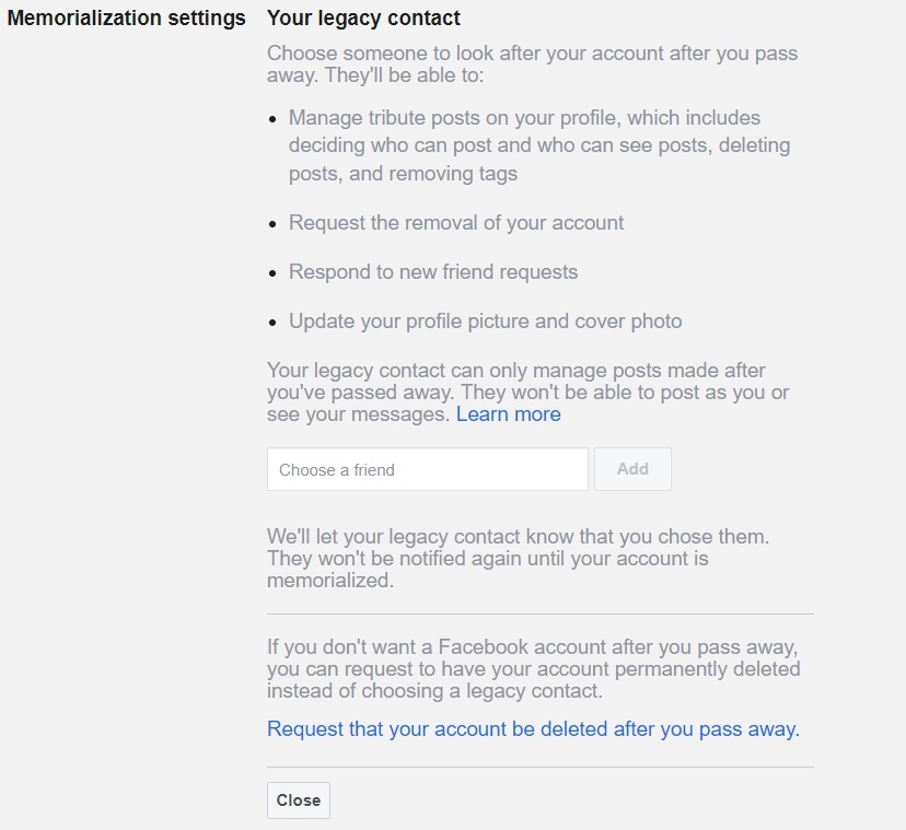 Instructions for creating a Facebook legacy contact